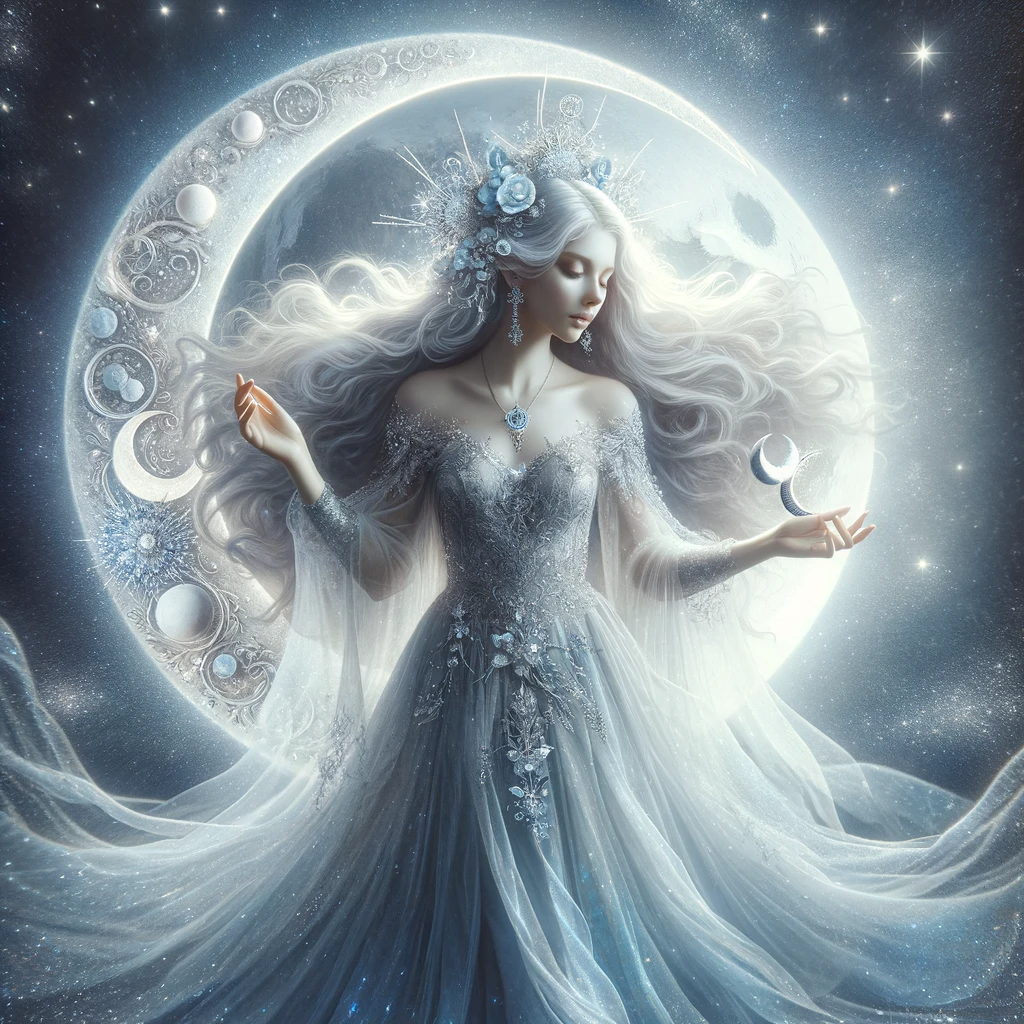 DALL·E 2023-12-24 21.37.19 - An enchanting image of a Moon Goddess, depicted in a celestial and mystical setting. The Goddess is gracefully poised, radiating a serene yet powerful