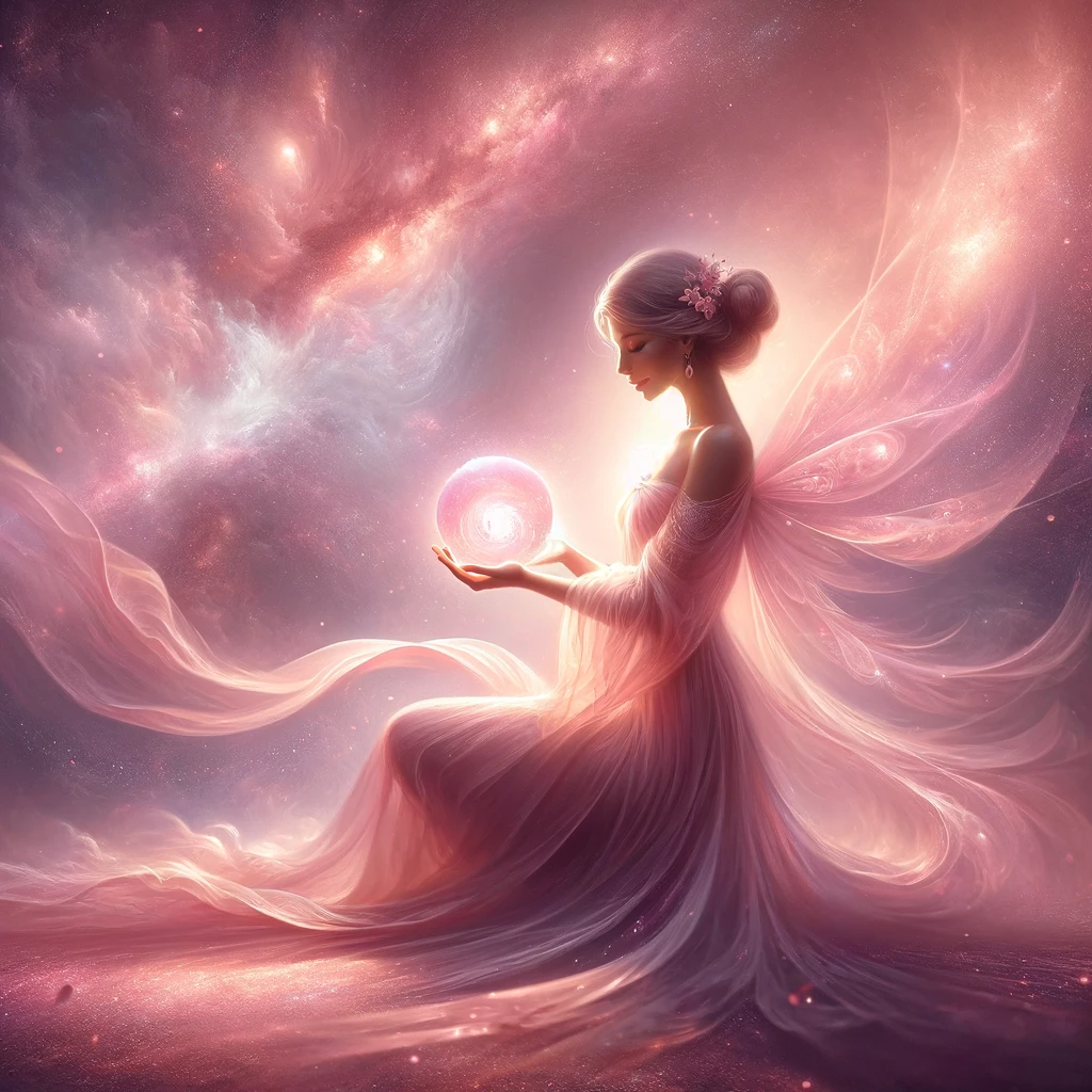 DALL·E 2023-12-25 17.38.41 - A harmonious and elegant depiction of the theme 'Cosmic Message', with an emphasis on feminine grace and a palette dominated by shades of pink. The im
