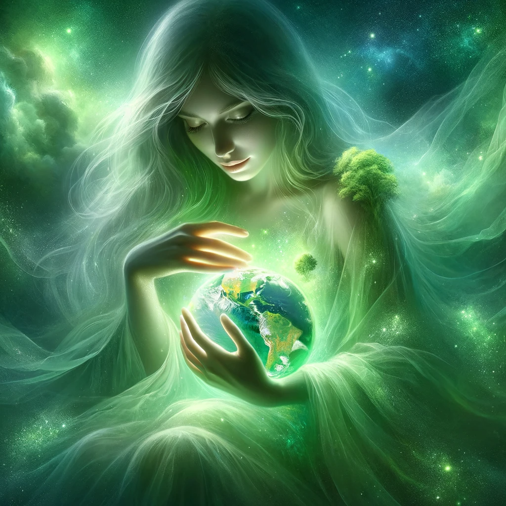 DALL·E 2023-12-25 17.40.31 - A tranquil and harmonious depiction of the theme 'Cosmic Message', with a focus on green hues and a feminine figure holding the Earth in her hands. Th