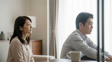 不倫後に心を閉ざしてしまう夫と、その変化に戸惑いを感じる妻の様子を表したイメージです。不倫後、夫が急に冷たくなったり、会話を避けたりする姿を見ると、「愛情がなくなったのでは」と不安になることがあります。
