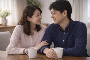 
穏やかな笑顔で向き合う日本人40代夫婦の様子｜心の距離が縮まり会話が自然にできる関係修復後のイメージ、夫の沈黙を愛情の問題と誤解せず安心感から再びつながる姿を表現