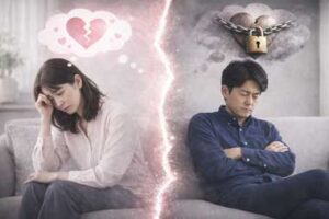 ソファで背を向け合い心を閉ざす日本人40代夫婦の様子｜愛があるのに夫が心を開かない理由や防衛機制によるシャットダウン、夫婦のすれ違いと感情の誤解を表すイメージ