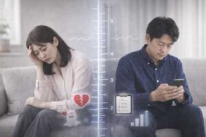 同じ部屋にいながら心の距離を感じる日本人40代夫婦の様子｜夫と話ができない孤独やすれ違い、男女の会話の違い（ラポートトークとレポートトーク）による心の距離を表すイメージ
