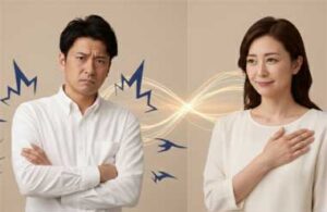 腕を組んで心を閉ざす夫と、胸に手を当て穏やかな表情を見せる妻の対比イメージ｜夫婦関係修復における守る神経とつながる神経の違い、安心感が夫の心を解きほぐす理由を表現したビジュアル