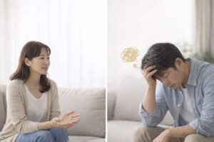 夫婦関係修復をテーマにしたイメージ写真。日本人40代の夫が頭を抱えて困惑し、感情的な対話にフリーズしている様子。隣で妻が心配そうに見守る構図で、男性が感情を処理できず防衛本能が働いている状態や、不倫後の罪悪感による心のシャットダウンを表現している。