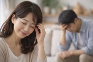 日本人40代夫婦の夫婦関係修復イメージ。夫が感情的な対話に困惑して頭を抱える一方で、妻は落ち着いた表情で安心している様子。男性心理や感情を扱えない背景、防衛本能によるフリーズ状態を理解し、自分を守る知識を持つことの大切さを表した写真。