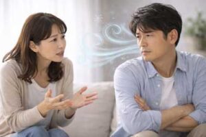 日本人40代夫婦が穏やかな表情で向き合い、妻が優しく夫の腕に手を添えている様子。温かい雰囲気の中で安心感が生まれ、責めるのではなく優しさによって夫の心が開いていく「太陽のような関わり方」を表した、夫婦関係修復や男性心理の解説記事向けの写真。