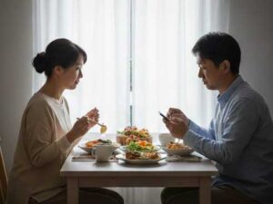 食事中もスマホに夢中で心を閉ざす40代日本人男性の夫と、その様子を寂しげに見つめる妻。夫が話を聞かないことへの悩みや、夫婦間のコミュニケーションの距離感を表す光景。
