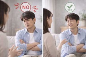 日本人40代夫婦が会話する中で、夫が腕を組んで緊張した表情を見せる場面と、安心して笑顔を見せる場面を対比したイメージ。相手の言葉の内容ではなく「安心できる空気かどうか」によって男性の反応が変わる様子を表し、夫婦関係における安全感やコミュニケーションの重要性を示した写真。