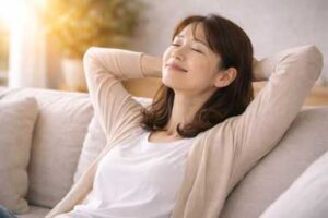 日本人40代女性がソファに座り、目を閉じてリラックスしている様子。穏やかな表情で心が落ち着いている状態を表し、自分自身を整えることや安心できる空気感をつくることの大切さ、夫婦関係を改善するための心の準備を示したイメージ写真。