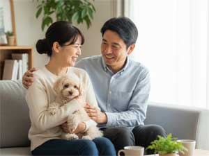 トイプードルを抱きかかえ、笑顔で楽しそうに会話を楽しむ40代日本人夫婦。本音で語り合える心の余裕が生まれ、理想的なコミュニケーションが取れている様子。