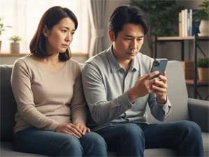 ソファーでスマホに没頭し心を閉ざす40代日本人男性の夫と、隣で寂しそうに見つめる妻。夫婦のコミュニケーション不足と心の距離感を感じさせるリビングでの一コマ