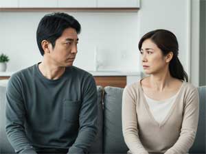 ソファーで妻と向き合いながらも、冷たい態度で厳しい視線を向ける40代日本人男性の夫。自分の感情を受け止められず心を閉ざし、コミュニケーションを拒絶する夫婦の険悪な空気感。