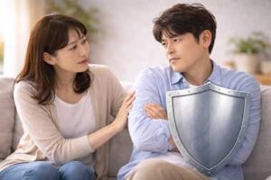 日本人40代夫婦の会話シーンで、夫が腕を組んで距離を取り、防御的な姿勢を見せている様子。妻が優しく声をかけても心を閉ざして反応できない状態を表し、男性心理や防衛本能、夫婦関係のすれ違い、心を閉ざした夫の特徴を解説する記事向けのイメージ写真。