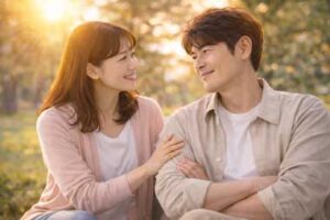日本人40代夫婦が公園のベンチで穏やかに見つめ合い、女性が男性の腕にそっと手を添えて安心感のある関係性を表している様子。温かな夕日の中でリラックスした空気に包まれ、夫婦の信頼や心の距離の近さ、関係修復や安心できるパートナーシップをイメージした写真。