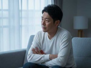 夫婦関係修復の話し合いで夫が心を閉ざした状態。妻との会話を避け、視線をそらす夫のクローズドな態度。再構築を阻む無意識の会話パターンを象徴するイメージ画像。