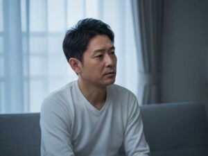 夫が心を閉ざした状態を象徴する、腕を組んで視線をそらす40代の夫の画像。夫婦関係修復や再構築を願う妻との会話が噛み合わず、お互いの会話パターンの違いから心の距離が生まれている様子を表現しています。