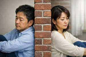 レンガの壁を挟んで背中合わせに座り、沈んだ表情を見せる40代の日本人夫婦。夫婦関係の修復が難しく、心の距離や壁を感じている孤独な状態のイメージ。