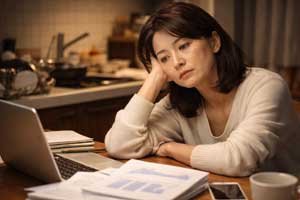 パソコンを前に、自分の本当の気持ちや会話パターンを真剣に見つめ直す40代の日本人女性。夫婦関係改善のための前向きな変化のイメージ。