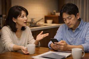 食卓で一生懸命に話しかける日本人女性と、スマートフォンに目を落としたまま無反応な夫。勇気を出して本音を伝えようとしても受け止めてもらえず、会話がすれ違っている夫婦の切ない様子。