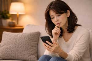 スマートフォンで夫婦関係修復処方箋つき「会話パターン無料診断」を真剣に受けている日本人女性。自分の本当の気持ちに気づき、夫婦関係を改善しようと前向きに行動している様子