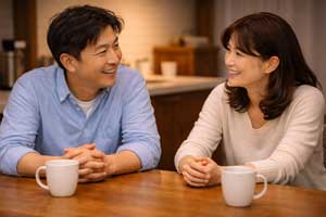 ダイニングでコーヒーを飲みながら、穏やかな笑顔で見つめ合う40代の日本人夫婦。自分の気持ちに気づき、心の繋がりを取り戻した幸福感のあるコミュニケーションのイメージ。