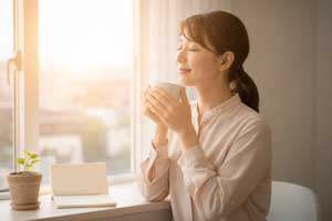 柔らかな陽光が差し込む窓際で、温かい飲み物を手に目を閉じ、穏やかな表情を浮かべる40代女性。夫婦関係の悩みや孤独感から一度離れ、自分の内面と向き合いながら心の平穏を取り戻すセルフケアの時間を表現した画像。