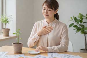 穏やかな表情で自分の胸に手を当てる40代女性。夫婦関係の違和感や会話のズレに気づいた際、外側のテクニックよりも「自分の内側にある本当の気持ち」に意識を向け、心の平穏と深い対話の準備を整える静かな時間。