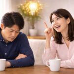 暗い表情でうつむく夫と、気づきを得たように明るい笑顔を見せる妻の対比｜夫婦のすれ違いから誤解に気づき関係修復のヒントを見つける瞬間を表すイメージ