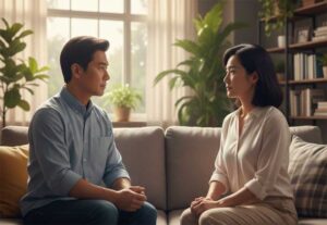 日本人40代夫婦が、相手は何を考えているのだろうかとお互いに推測をしている、このまま話をして大丈夫なのか、どちらも確信が持てず黙ったままの様子の写真。