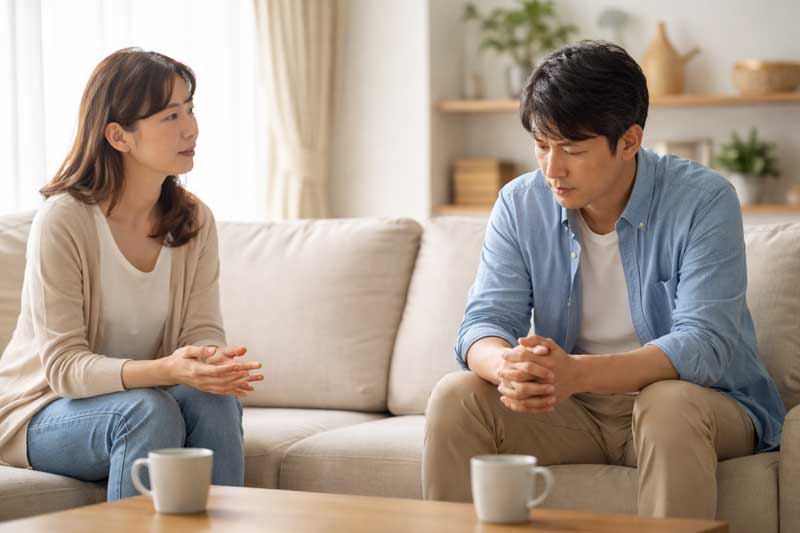 日本人40代夫婦がリビングで会話する場面。妻は思いを言葉にして伝え、夫は黙って考え込んでいる姿。女性は話すことで癒え、男性は一人で抱え込むという男女の心理や脳の傾向の違いを示す、夫婦関係修復や男性心理を解説する記事向けの写真。