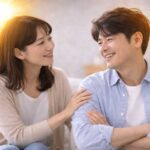 日本人40代夫婦が優しく寄り添う夫婦関係修復のイメージ。妻の温かい態度によって夫が安心した表情を見せており、責めるコミュニケーションではなく「太陽のような優しさ」が男性の心を開くという心理を表現した写真。