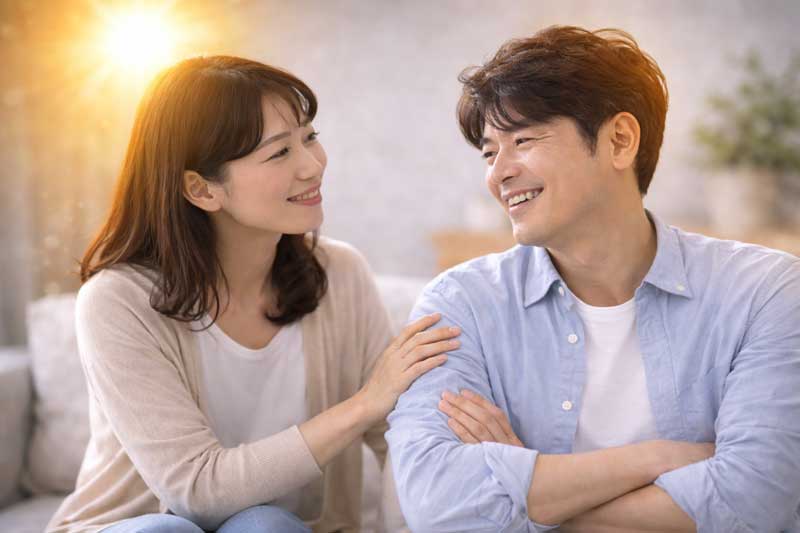 日本人40代夫婦が優しく寄り添う夫婦関係修復のイメージ。妻の温かい態度によって夫が安心した表情を見せており、責めるコミュニケーションではなく「太陽のような優しさ」が男性の心を開くという心理を表現した写真。