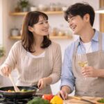 日本人40代夫婦がキッチンで一緒に料理をしながら笑顔で会話している様子。リラックスした安心できる空気の中で自然なコミュニケーションが生まれている場面で、夫婦関係が良好なときに働く「つながる神経」や信頼関係、心の距離の近さを表したイメージ写真。