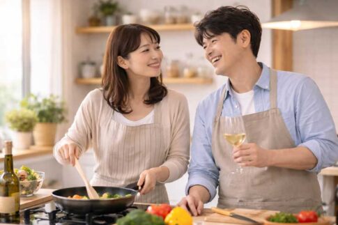 日本人40代夫婦がキッチンで一緒に料理をしながら笑顔で会話している様子。リラックスした安心できる空気の中で自然なコミュニケーションが生まれている場面で、夫婦関係が良好なときに働く「つながる神経」や信頼関係、心の距離の近さを表したイメージ写真。