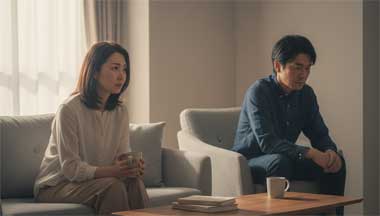 夫が冷たく見えるときに起こる防衛本能による心のシャットダウンを表す日本人40代夫婦のイメージ