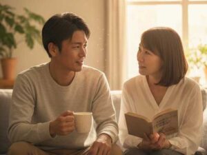 夫婦関係修復のために「感情と本音の違い」を学び、夫に本音を伝える練習を始める妻。感情的なぶつかり合いを卒業し、再構築の秘訣である「相手が受け取りやすい会話」を意識して向き合う様子。