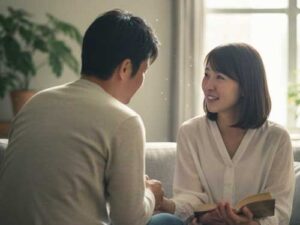 自分の会話パターンを変えることで夫が変わる兆しを感じ、希望を持って向き合う夫婦。夫婦関係修復の難所である「元の習慣への戻り」を克服し、丁寧に本音を伝える大切さを表現した一枚。
