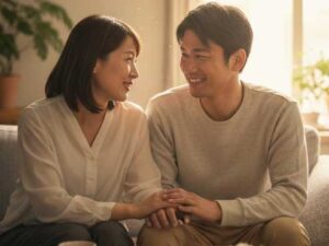 本音を伝える勇気を持ったことで、深い会話が戻った幸せな夫婦。夫婦関係修復を叶える再構築の秘訣を実践し、信頼関係を再び育み始めたゴールイメージ。