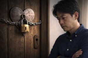 話しかけても黙り込む夫と戸惑いながら向き合う妻の様子｜夫が冷たくなる理由や防衛本能による心のシャットダウン、夫婦のすれ違いを表すイメージ